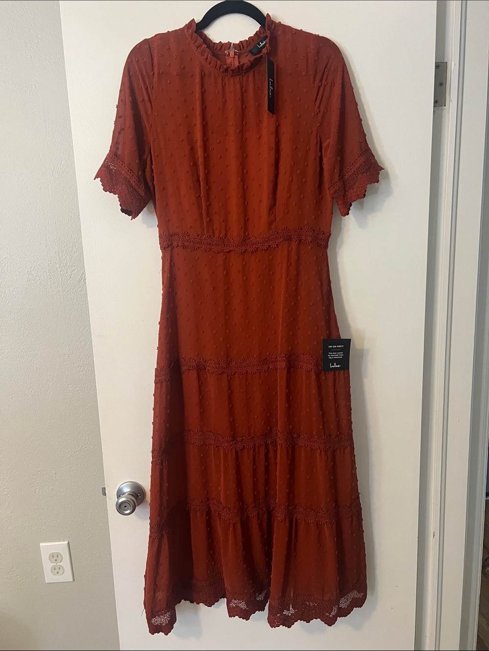 Lulu's Rust-Tone Maxi Dress with Lace Trim